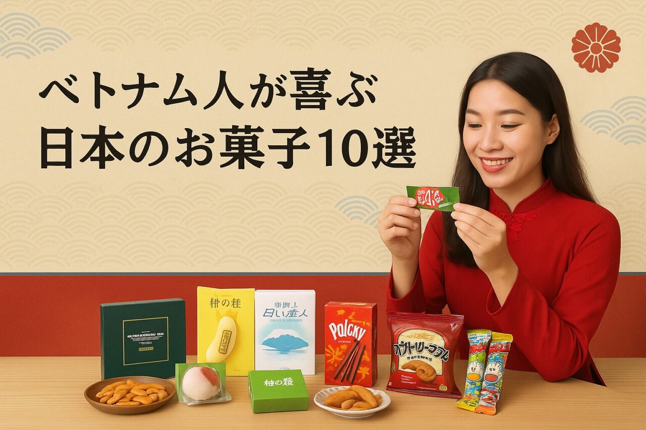ベトナム人女性が赤いアオザイを着て、日本のお菓子を手に持ち微笑む様子。テーブルにはキットカットや東京ばな奈、白い恋人などの日本のお菓子が並ぶ。背景は和風の伝統模様。
