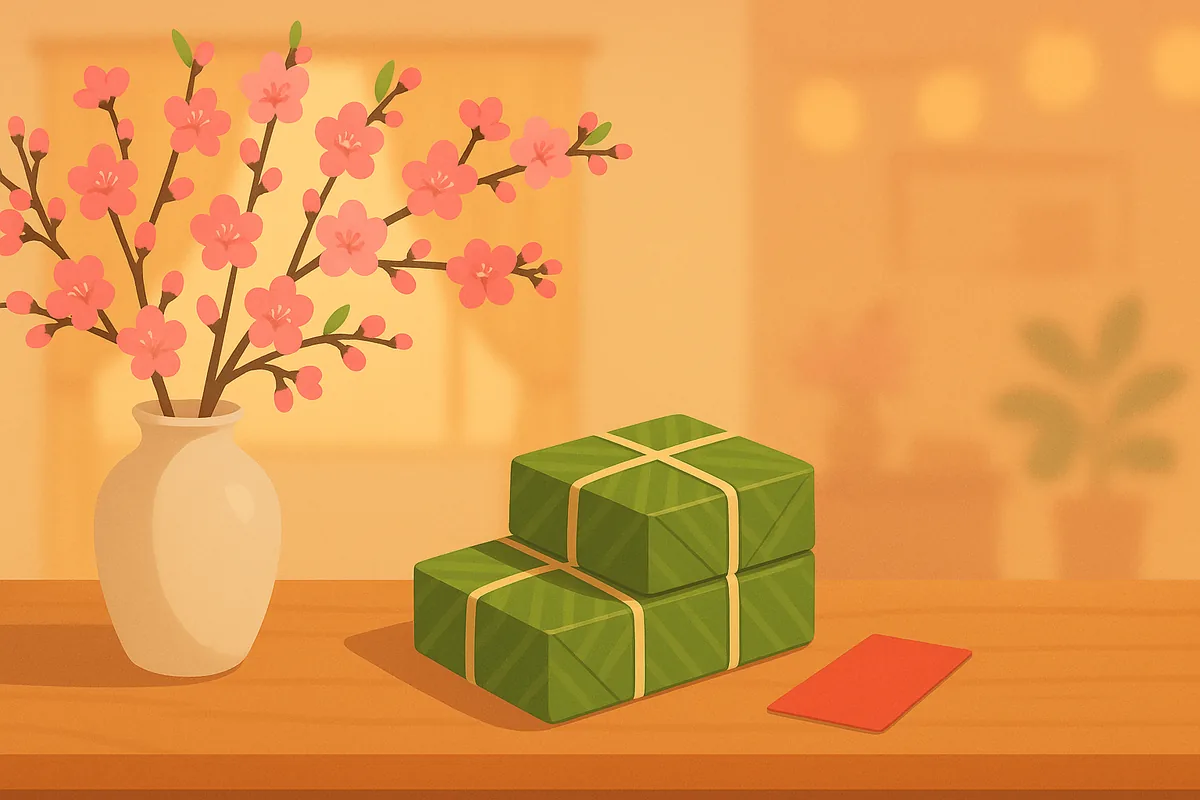 ベトナム北部のテトを彩る桃の花(hoa đào)と自家製のバインチュン