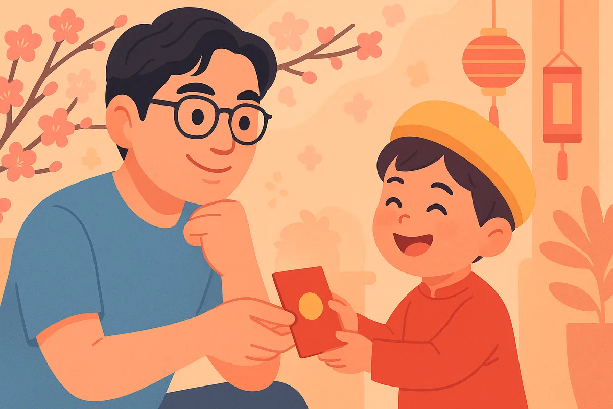 ベトナムのテトで新年のあいさつを交わし、お年玉を渡す様子