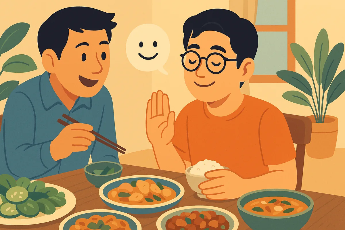 ベトナムの食卓で「もう大丈夫です」とやんわり料理を断る様子