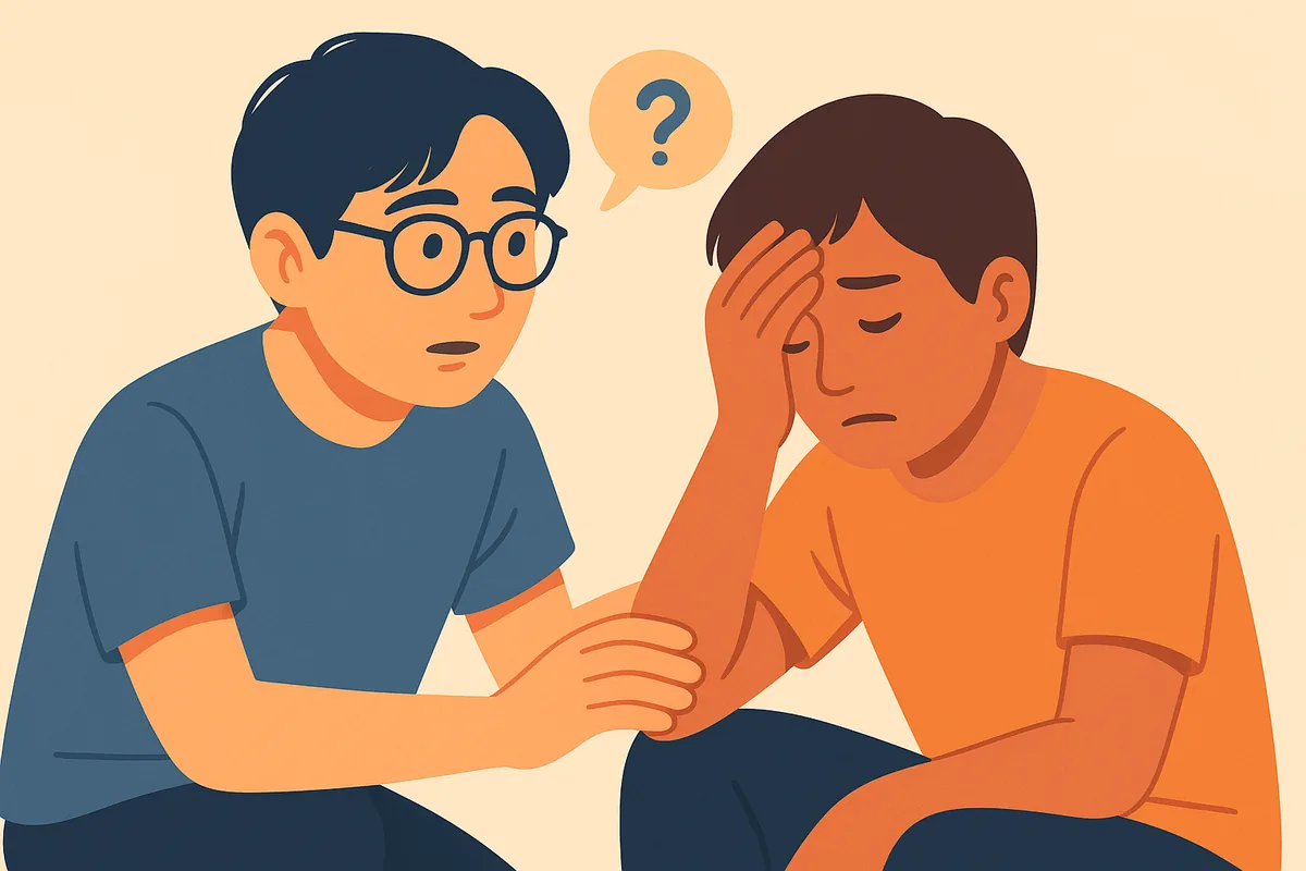 具合が悪そうな相手を心配して「大丈夫ですか？」と声をかける様子