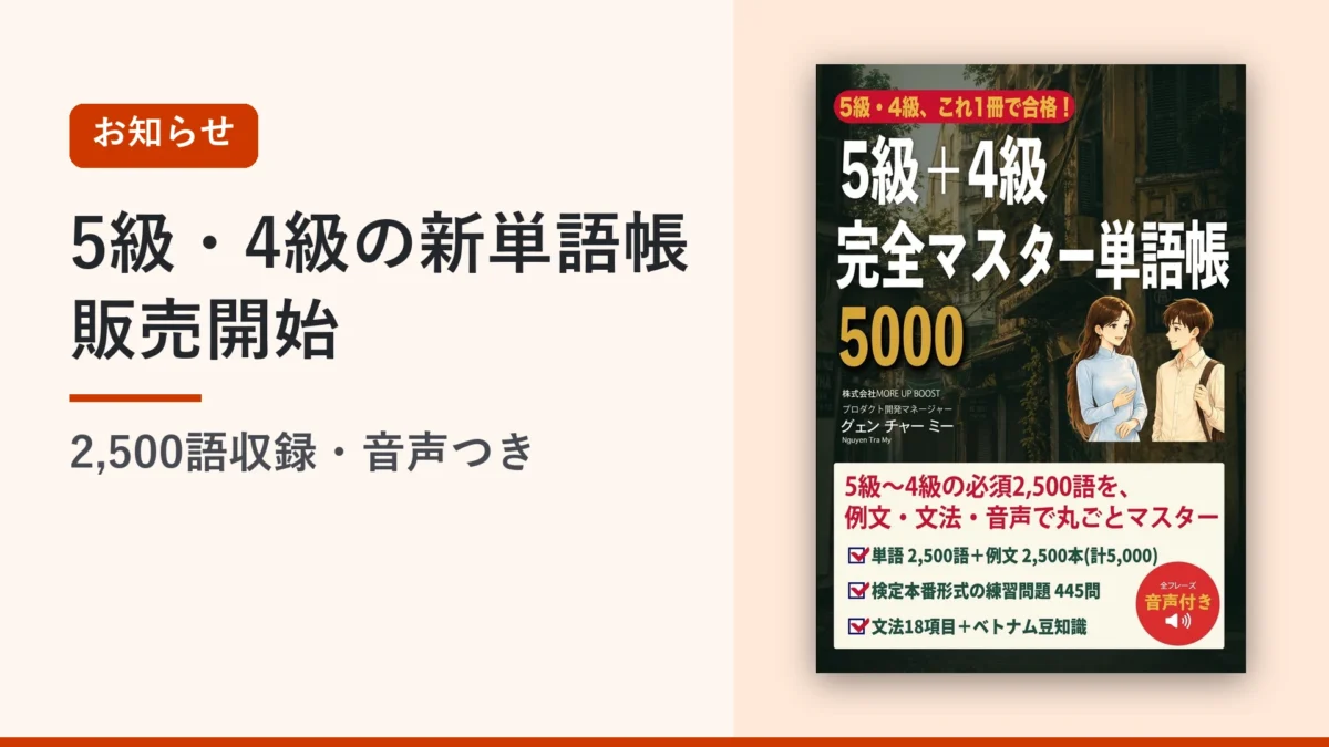 「5級+4級 完全マスター単語帳5000」の表紙。5級・4級の新単語帳 販売開始(2,500語収録・音声つき)